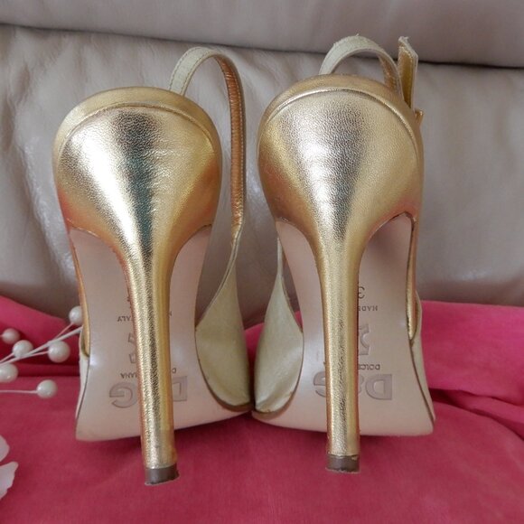 D&G Dolce & Gabbana Italy Cream Gold Silk Heels 37.5 US 7.5 - Picture 10 of 15